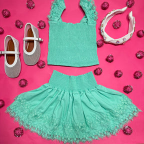 MARIEL MINT CRUSH SMOCKED TOP AND RUFFLE SKIRT