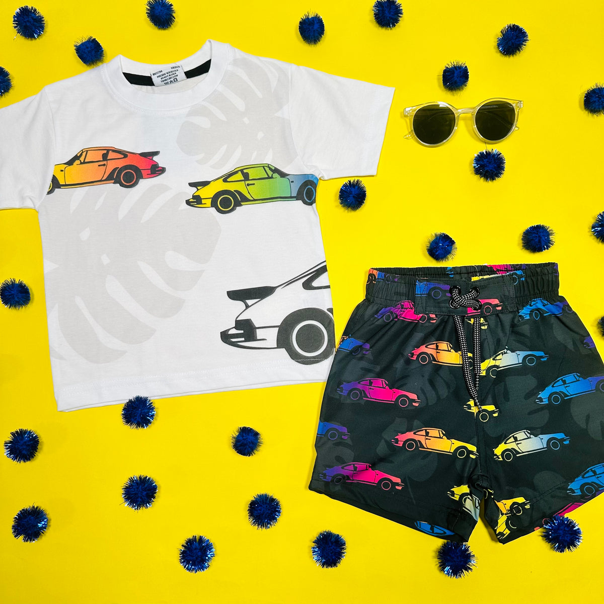 RACE CARS & PALM TREES SWIM TRUNKS