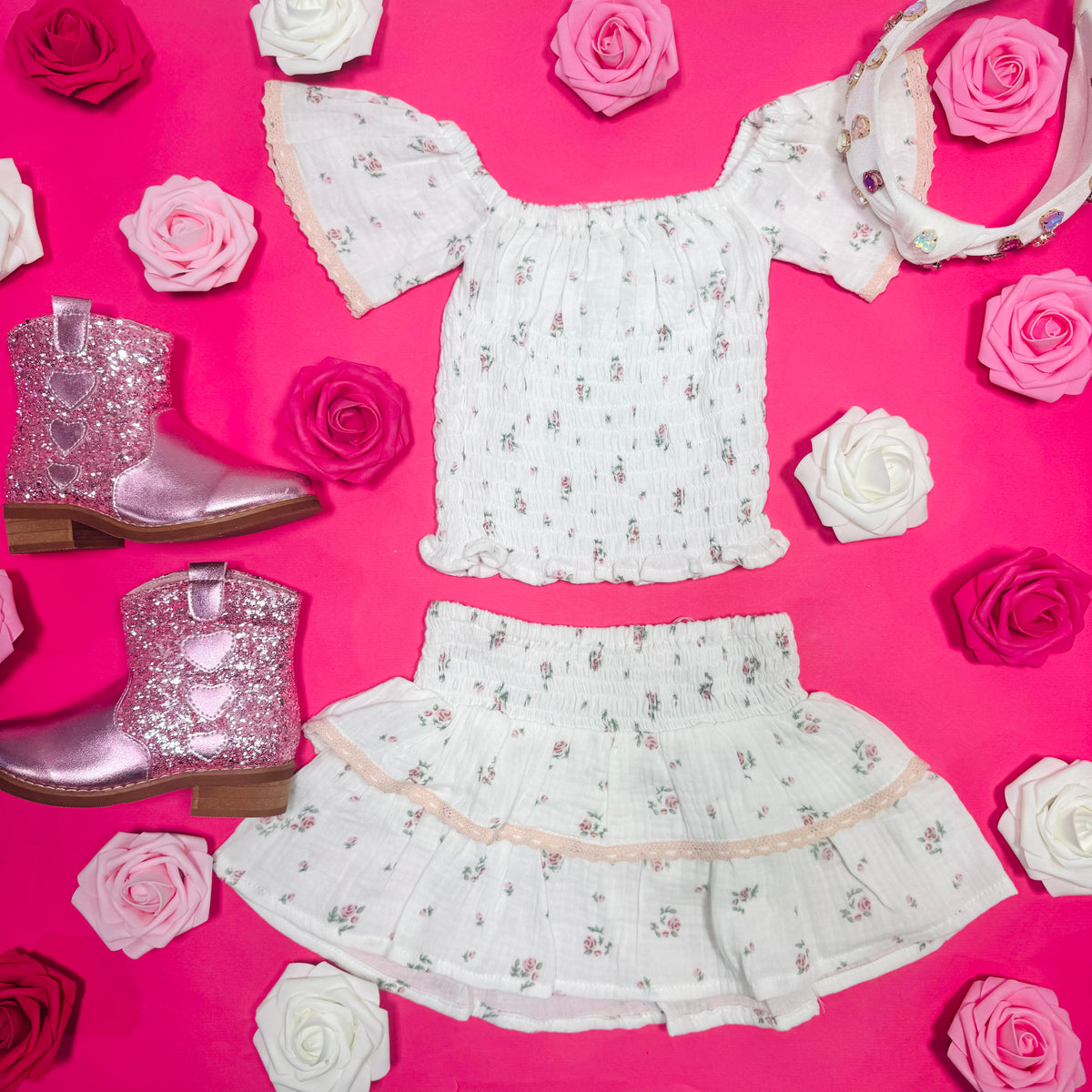 ROSES SMOCKED FLUTTER SLEEVE TOP AND RUFFLE SKIRT SET