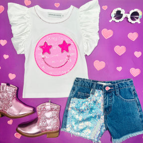 STARSTRUCK SEQUIN SMILEY RUFFLE TOP