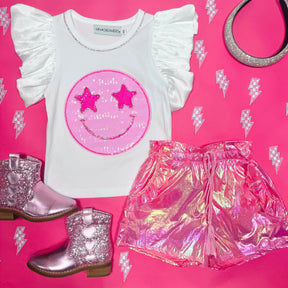 STARSTRUCK SEQUIN SMILEY RUFFLE TOP