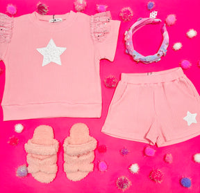 SEQUIN STAR RUFFLE SLEEVE TSHIRT AND SHORTS SET - SET