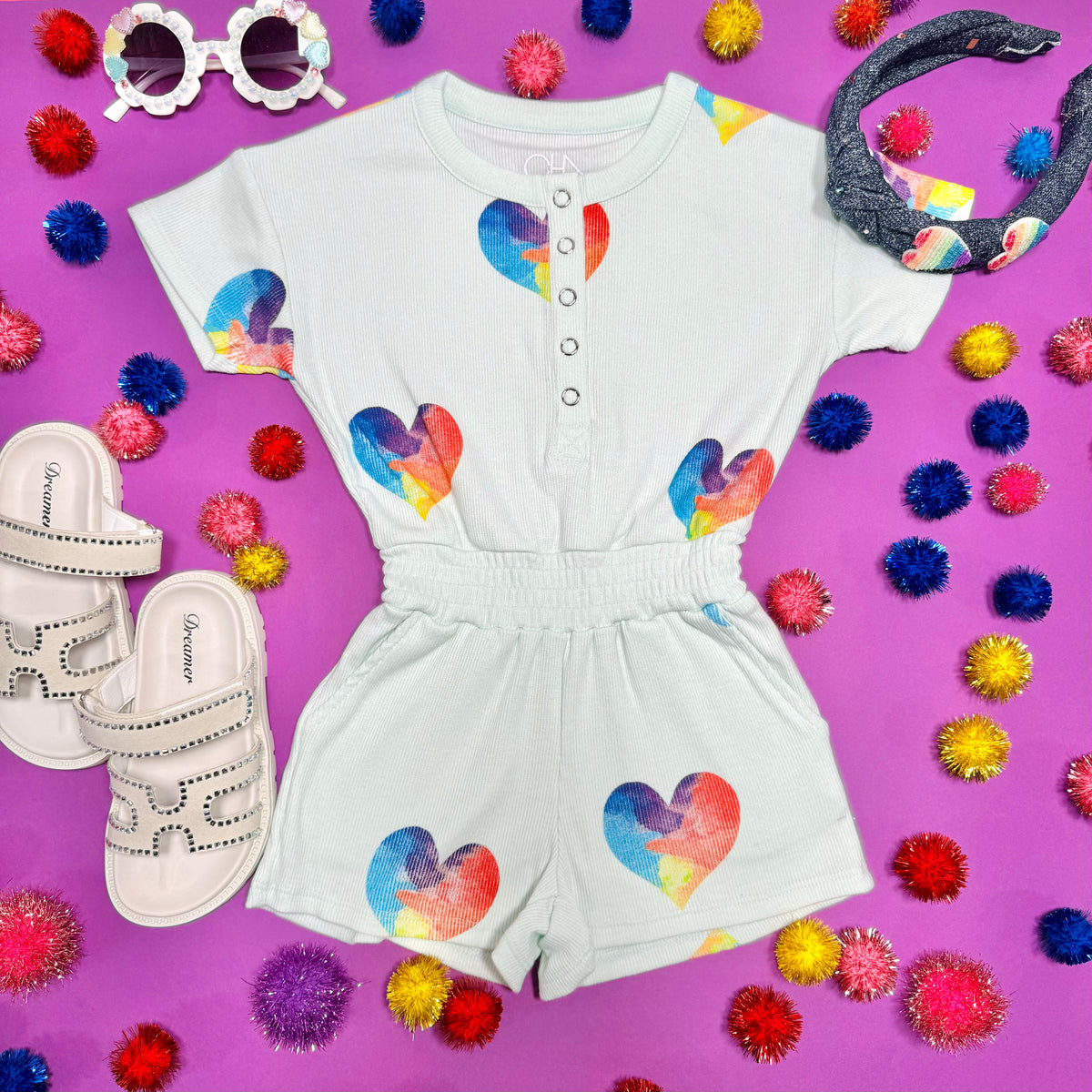 RAINBOW HEARTS RIBBED ROMPER