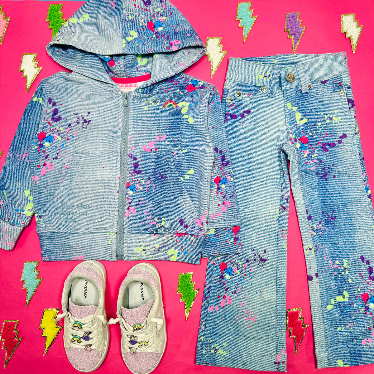 SPLATTER DENIM ZIP UP HOODIE