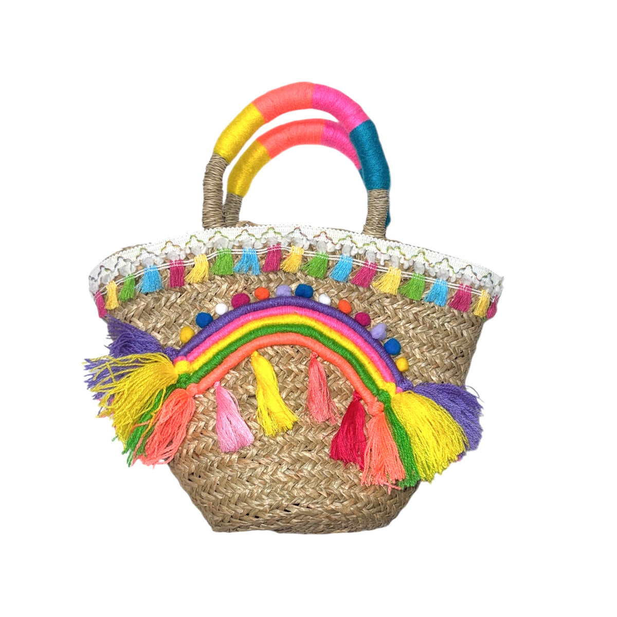 RAINBOW POM POM FRINGE BEACH BAG