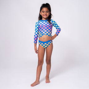 CHECKERED LONG SLEEVE RASH GUARD TWO PIECE SWIMSUIT SET - TWO PIECE BIKINI