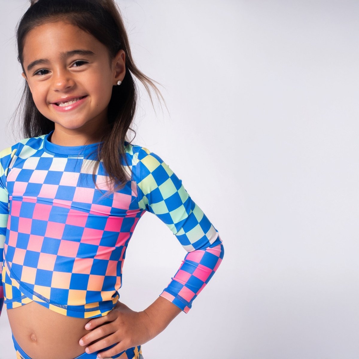 CHECKERED LONG SLEEVE RASH GUARD TWO PIECE SWIMSUIT SET - TWO PIECE BIKINI