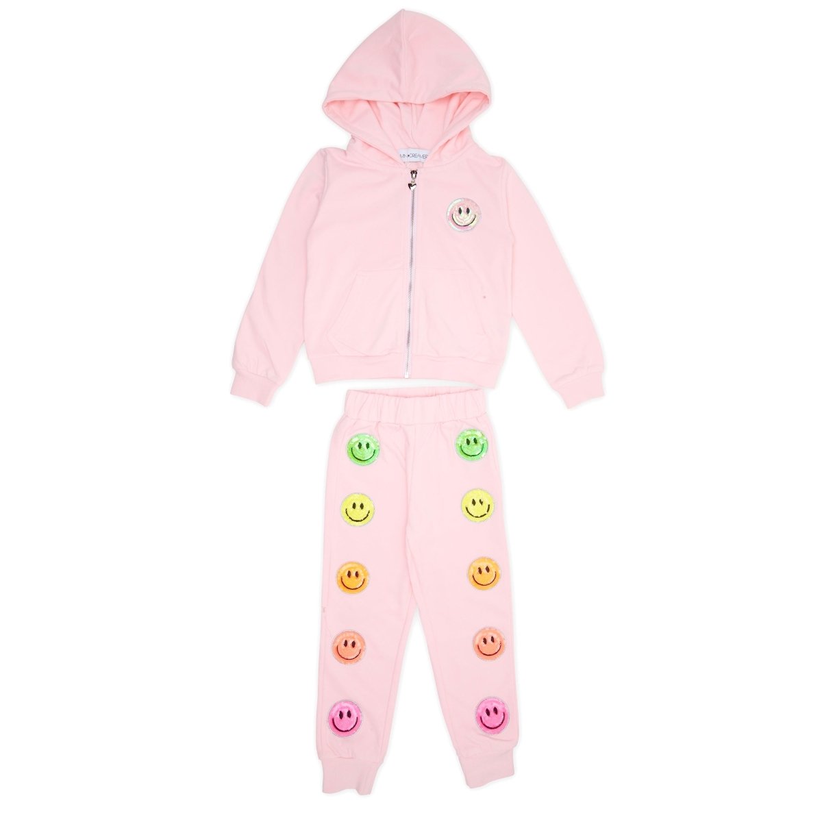 HAPPY SEQUIN SMILEY FACE ZIP UP HOODIE AND SWEATPANTS SET - MINI DREAMERS