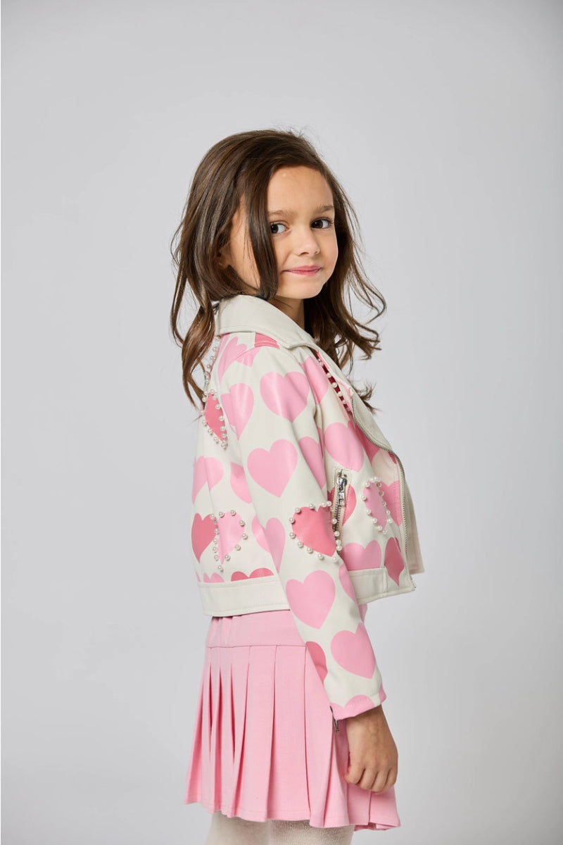 HEART PRINT MOTO JACKET W/ PEARLS (PREORDER) - SARA SARA