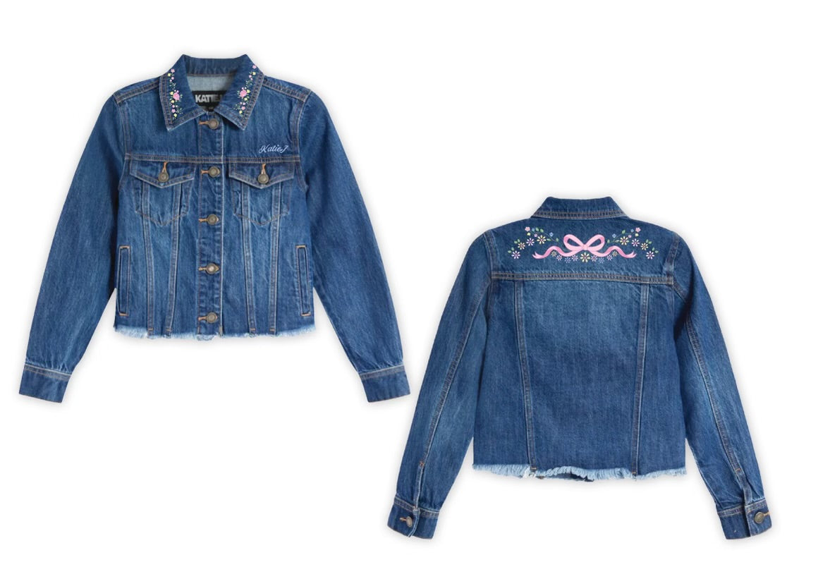 EMBROIDERED BOW DARK WASH DENIM JACKET (PREORDER)