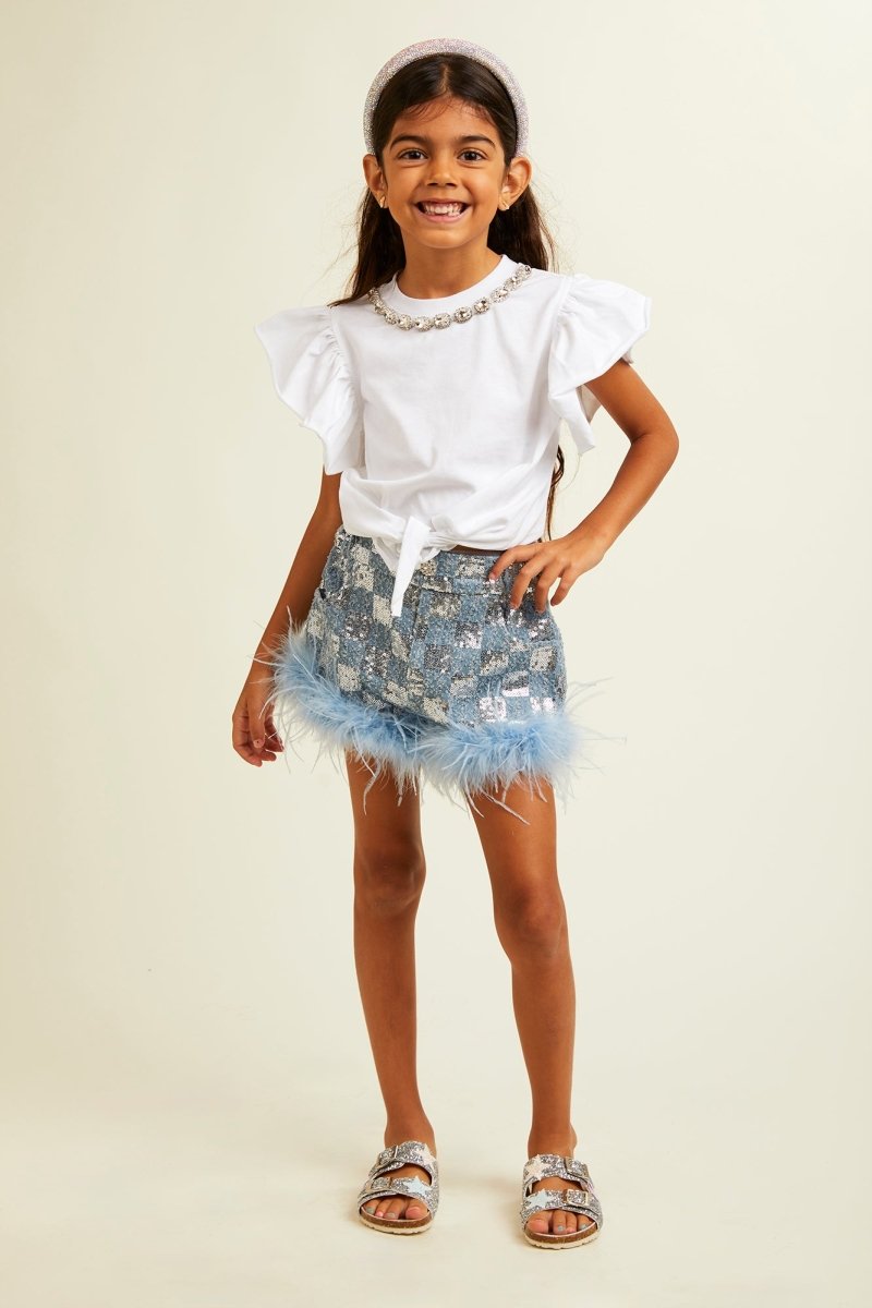 LOULOU SEQUIN CHECKERED FEATHER DENIM SHORTS - SHORTS