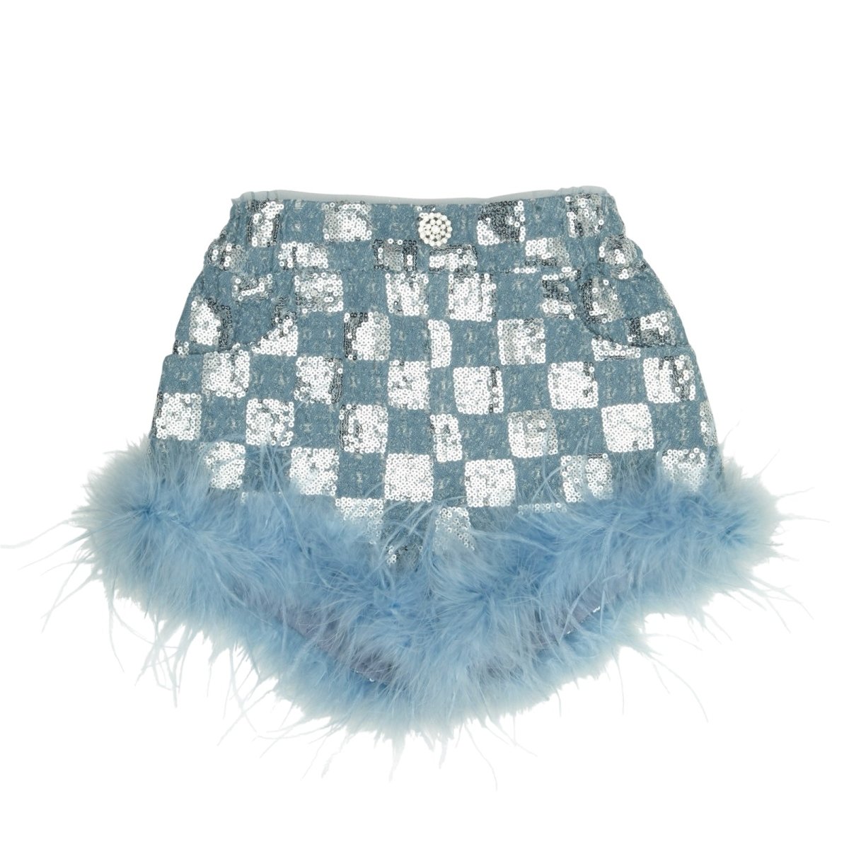 LOULOU SEQUIN CHECKERED FEATHER DENIM SHORTS - SHORTS