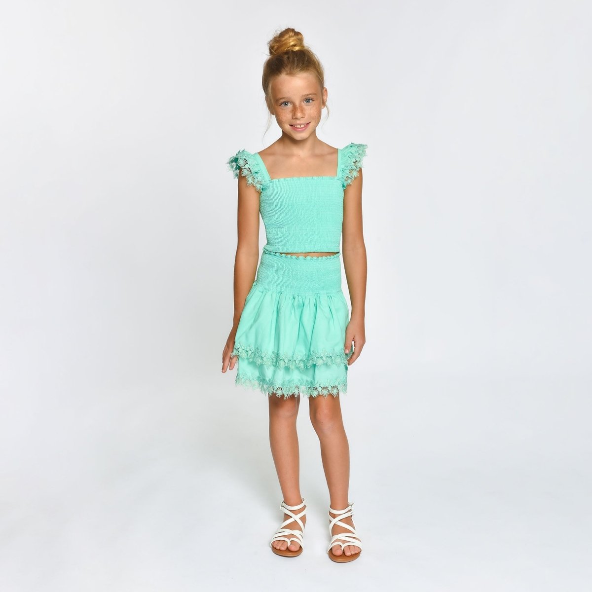 MARIEL MINT CRUSH SMOCKED TOP AND RUFFLE SKIRT (PREORDER) - LITTLE PEIXOTO