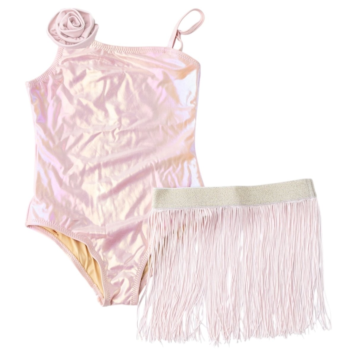 METALLIC ROSE ONE PIECE SWIMSUIT W/ FRINGE SKIRT SET - ONE PIECE SWIMSUIT