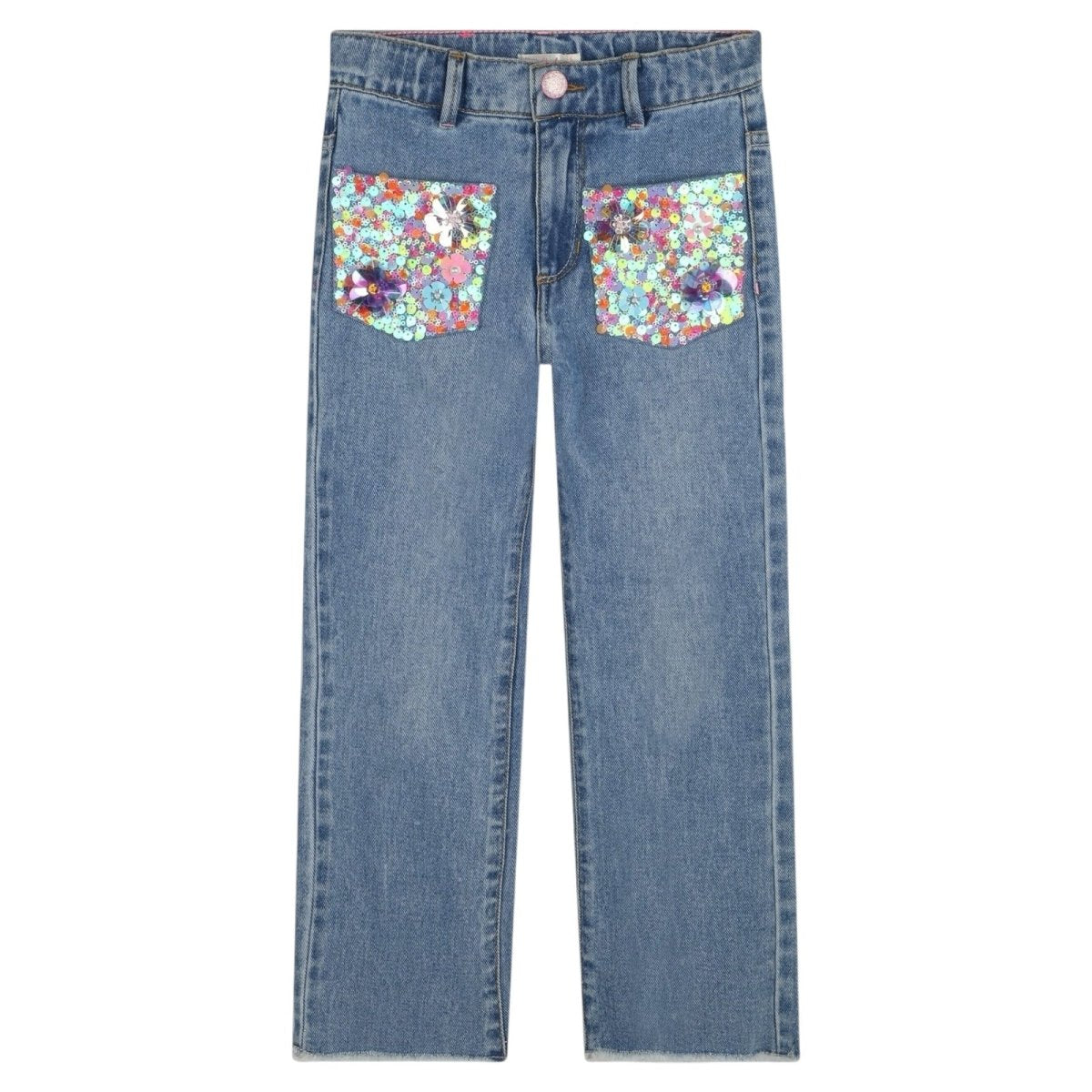 SEQUIN FLOWER POCKET DENIM PANTS - PANTS