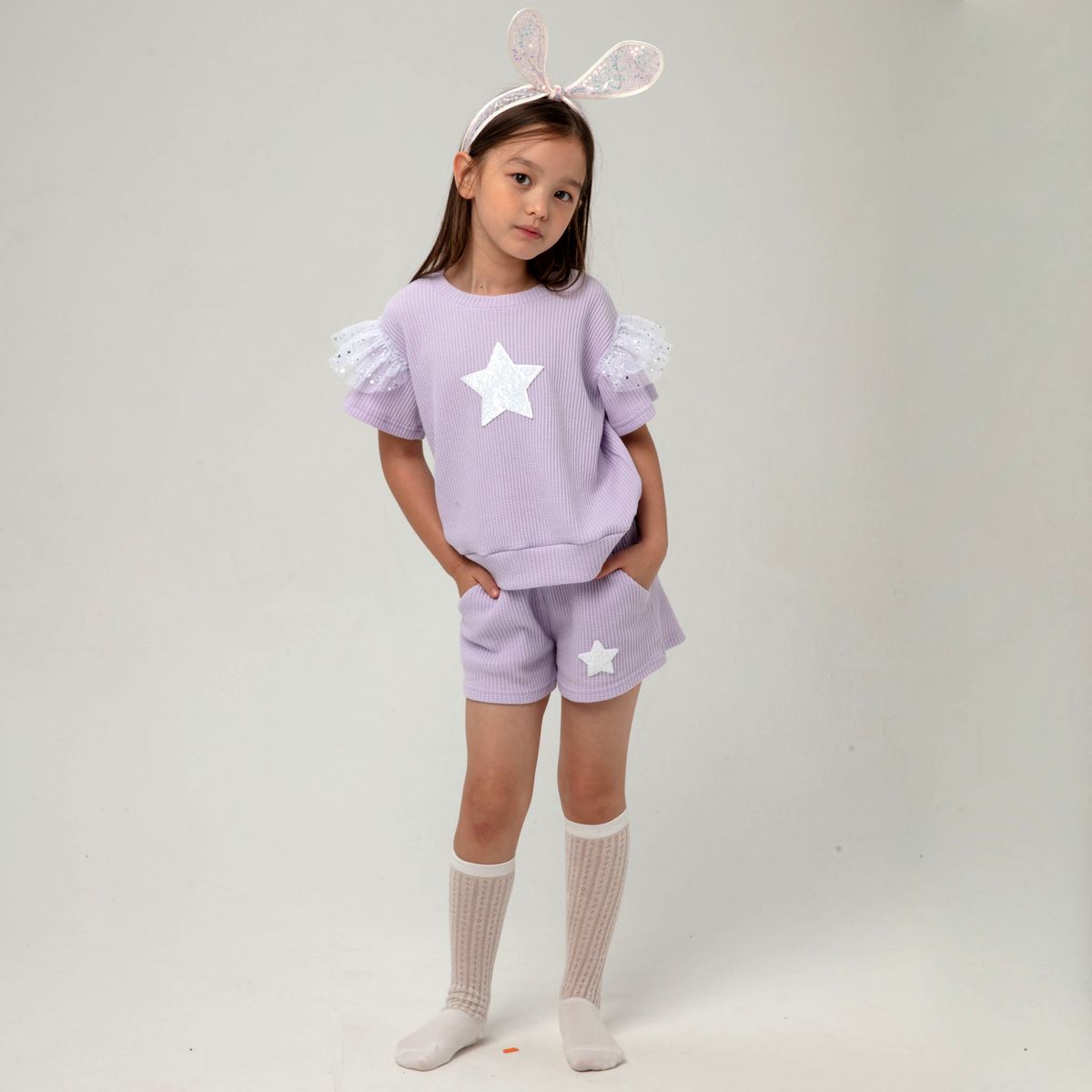 SEQUIN STAR RUFFLE SLEEVE TSHIRT AND SHORTS SET - SET