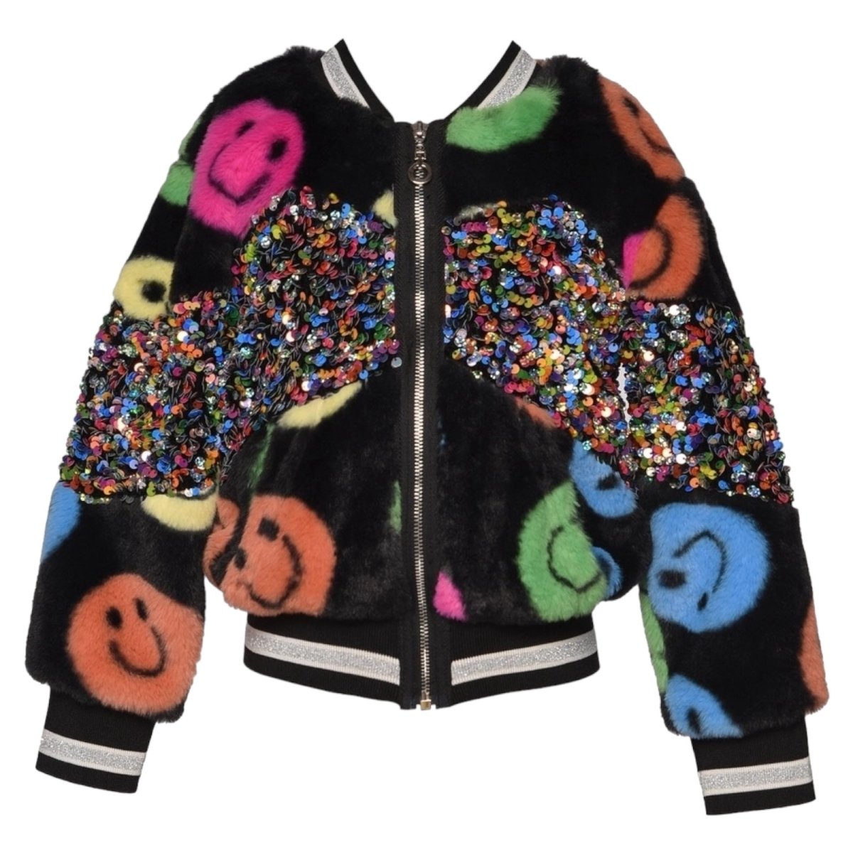 SMILEY FACE AND SEQUIN FRINGE FAUX FUR BOMBER JACKET - JACKETS