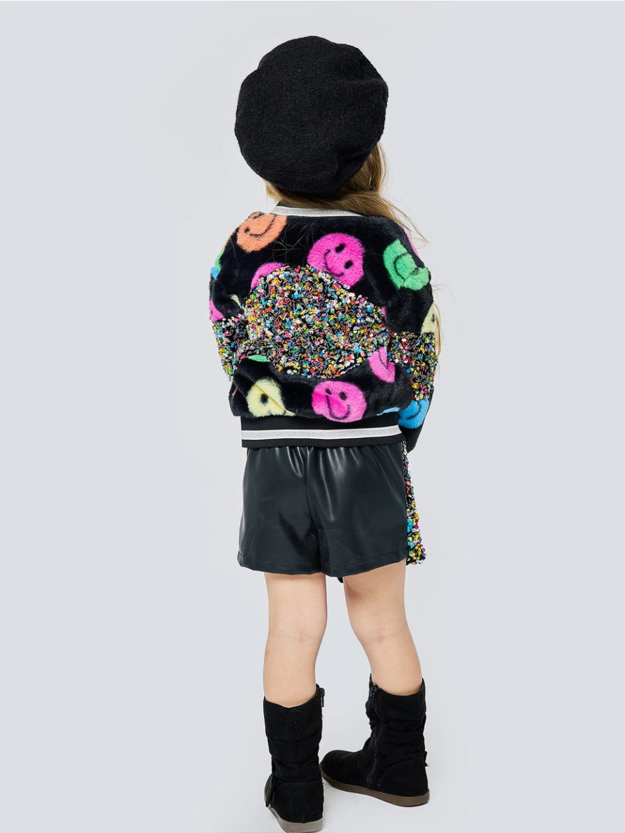 SMILEY FACE AND SEQUIN FRINGE FAUX FUR BOMBER JACKET (PREORDER) - SARA SARA