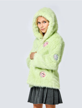 SMILEY FACE HOODED FAUX FUR COAT (PREORDER) - SARA SARA