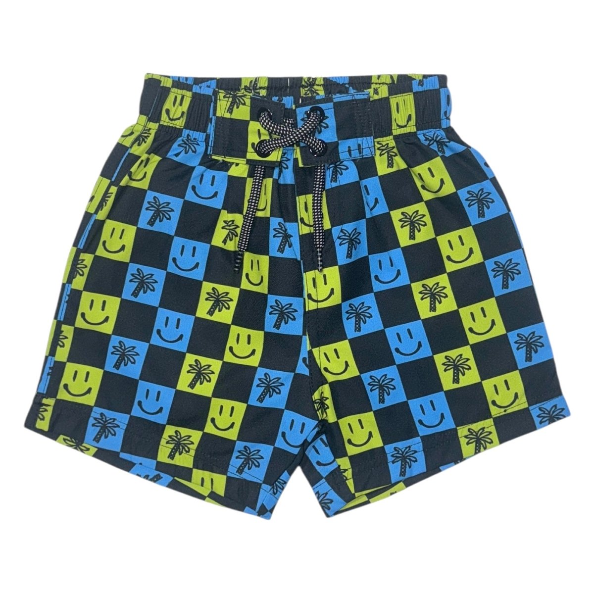 SMILEY FACE & PALM TREES CHECKERED SWIM TRUNKS - MISH MISH