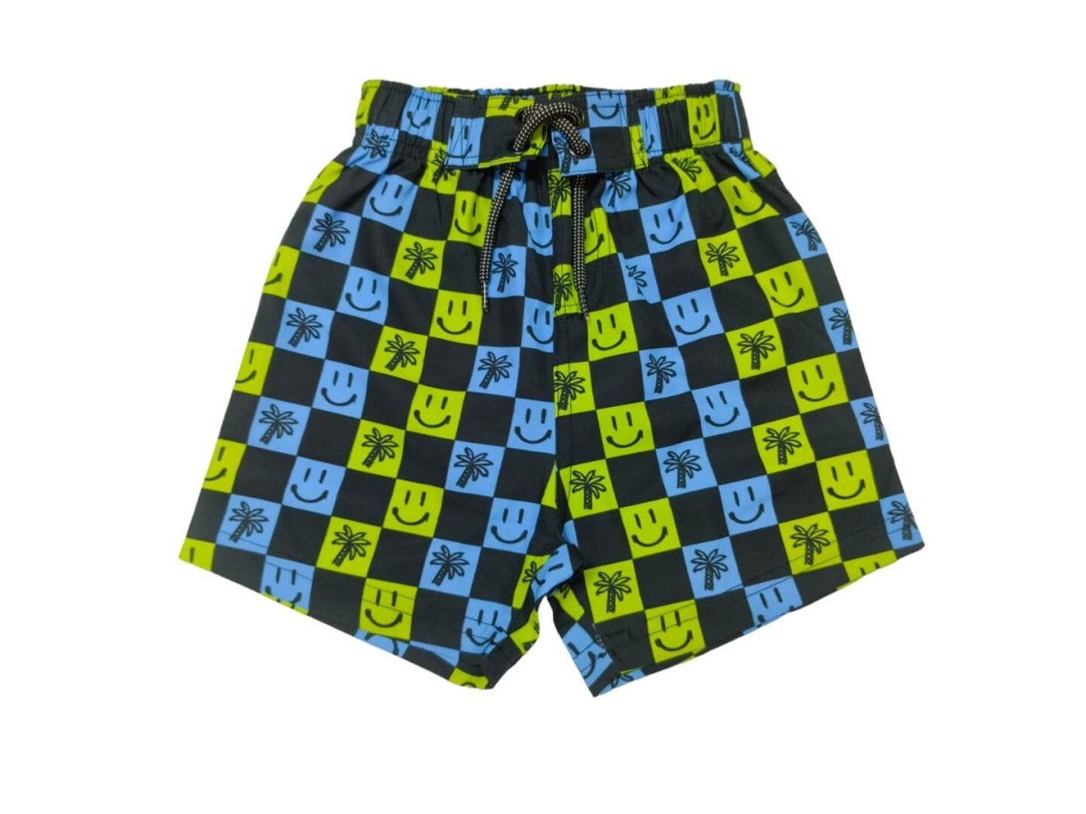 SMILEY FACE & PALM TREES CHECKERED SWIM TRUNKS (PREORDER) - MISH MISH