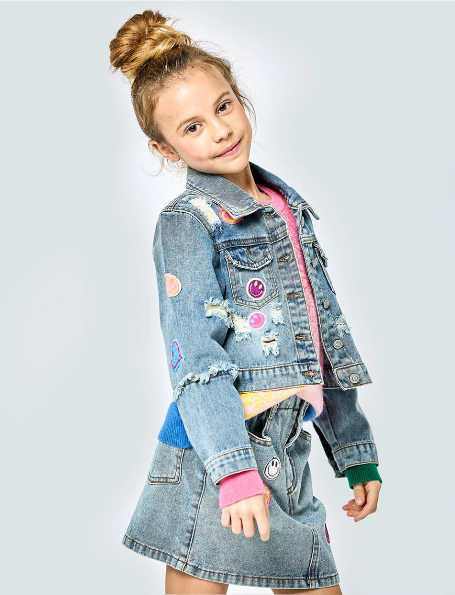 SMILEY FACE PATCHED DENIM JACKET (PREORDER) - SARA SARA