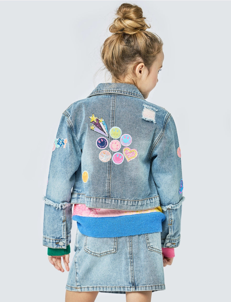 SMILEY FACE PATCHED DENIM JACKET (PREORDER) - SARA SARA