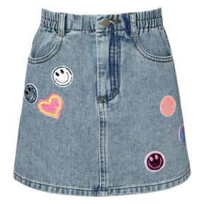 SMILEY FACE PATCHED DENIM SKIRT (PREORDER) - SARA SARA