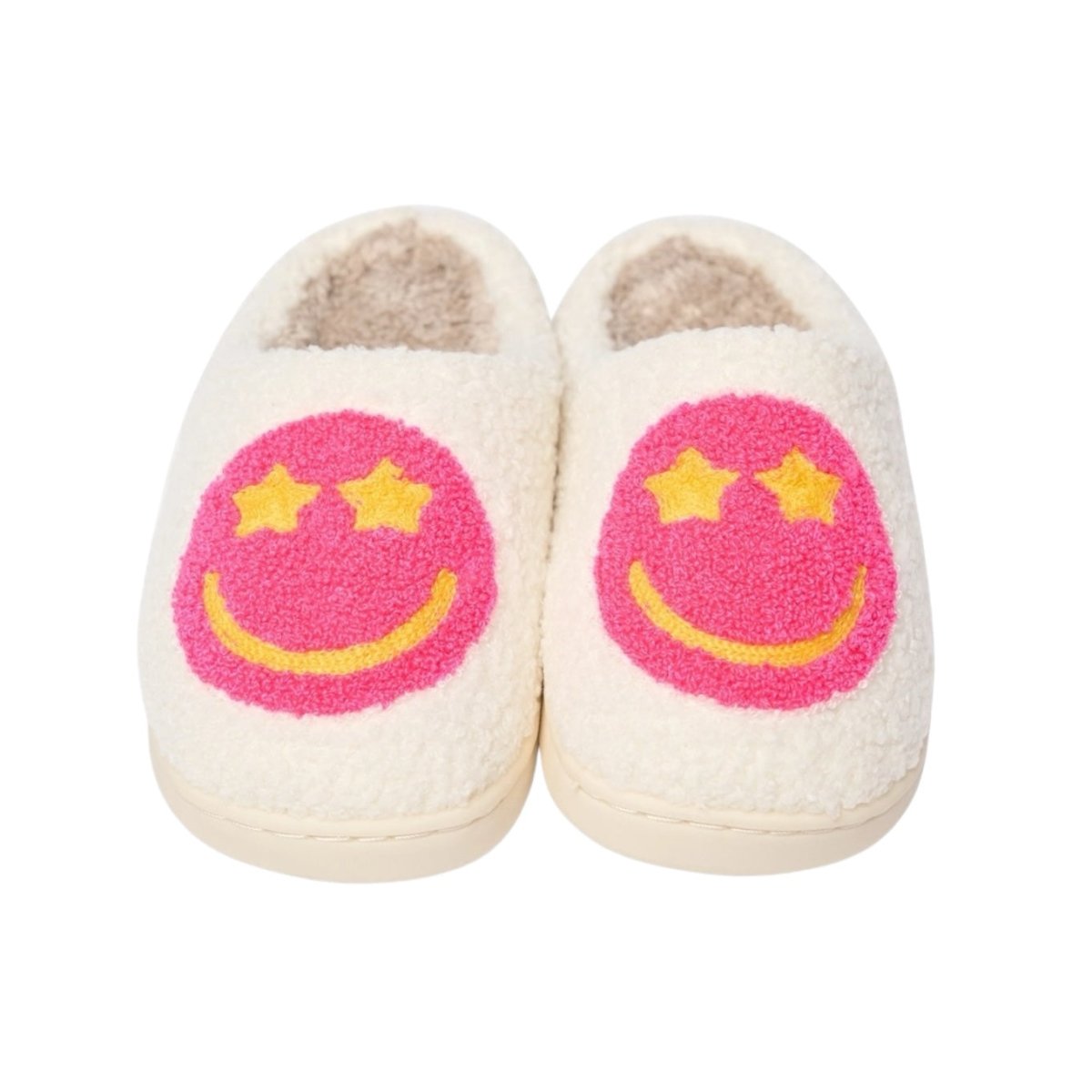 STAR EYES SMILEY FACE PLUSH SLIPPERS - MALIBU SUGAR